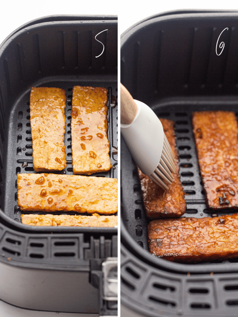 Collage image of in process shots (uncooked marinated tempeh in the air fryer, cooked tempeh in the air fryer)