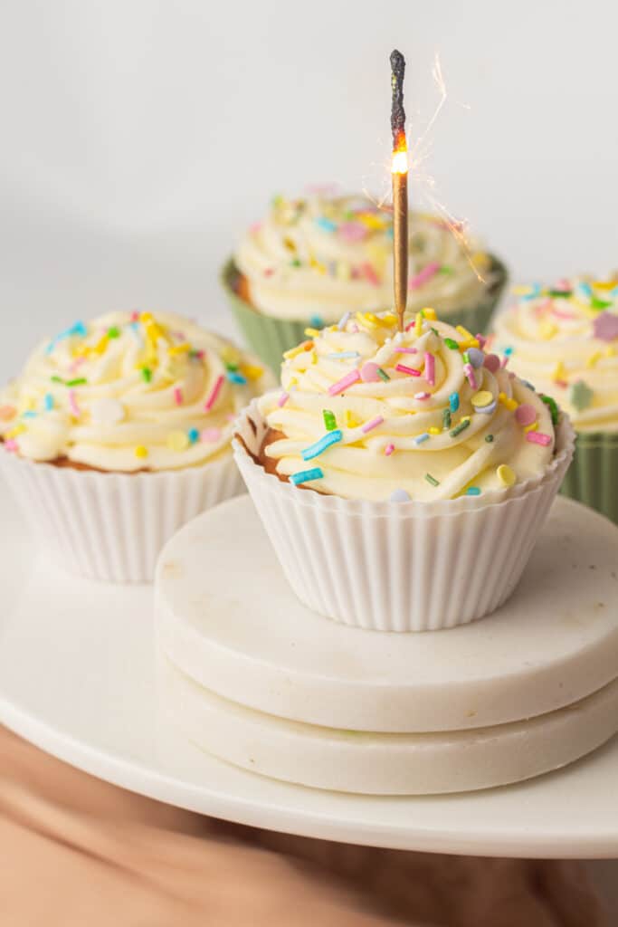 Air Fryer Cupcakes with sparkler candle
