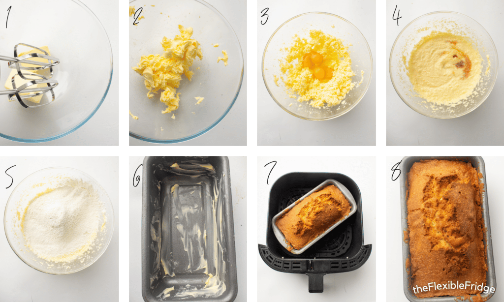 Process pictures of making the air fryer pound cake 