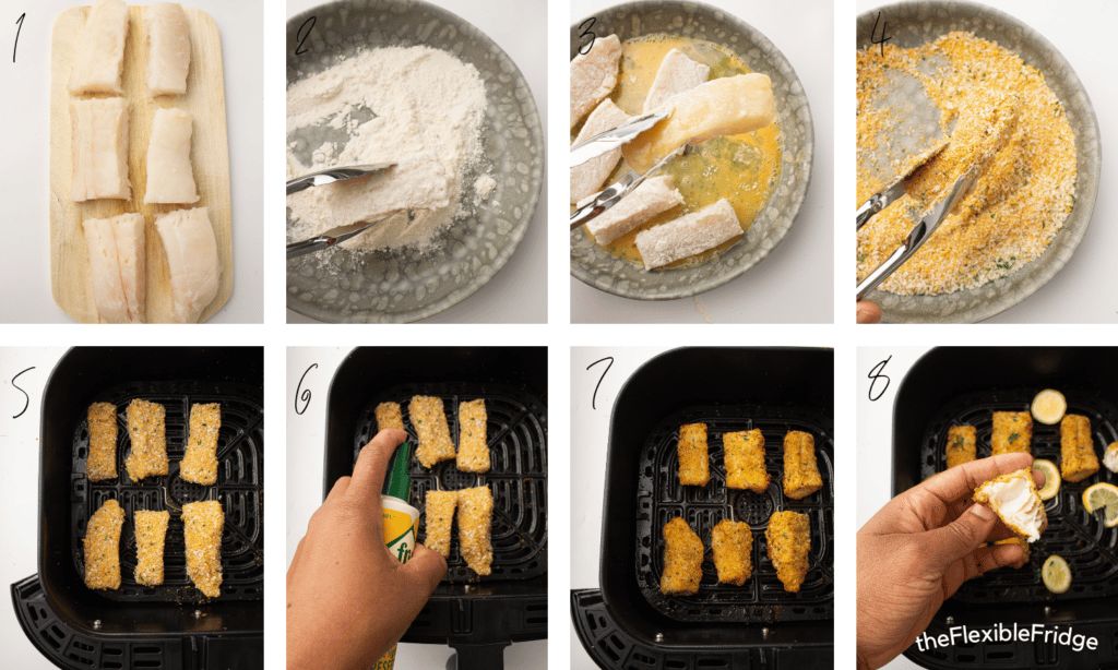 Process pictures of how to make Air fryer fish sticks