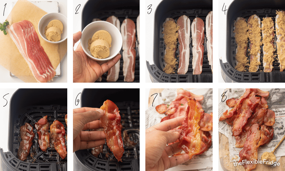 Process pictures of making air fryer candied bacon