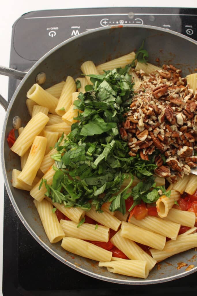 Vegan pasta pecan tomato bowls
