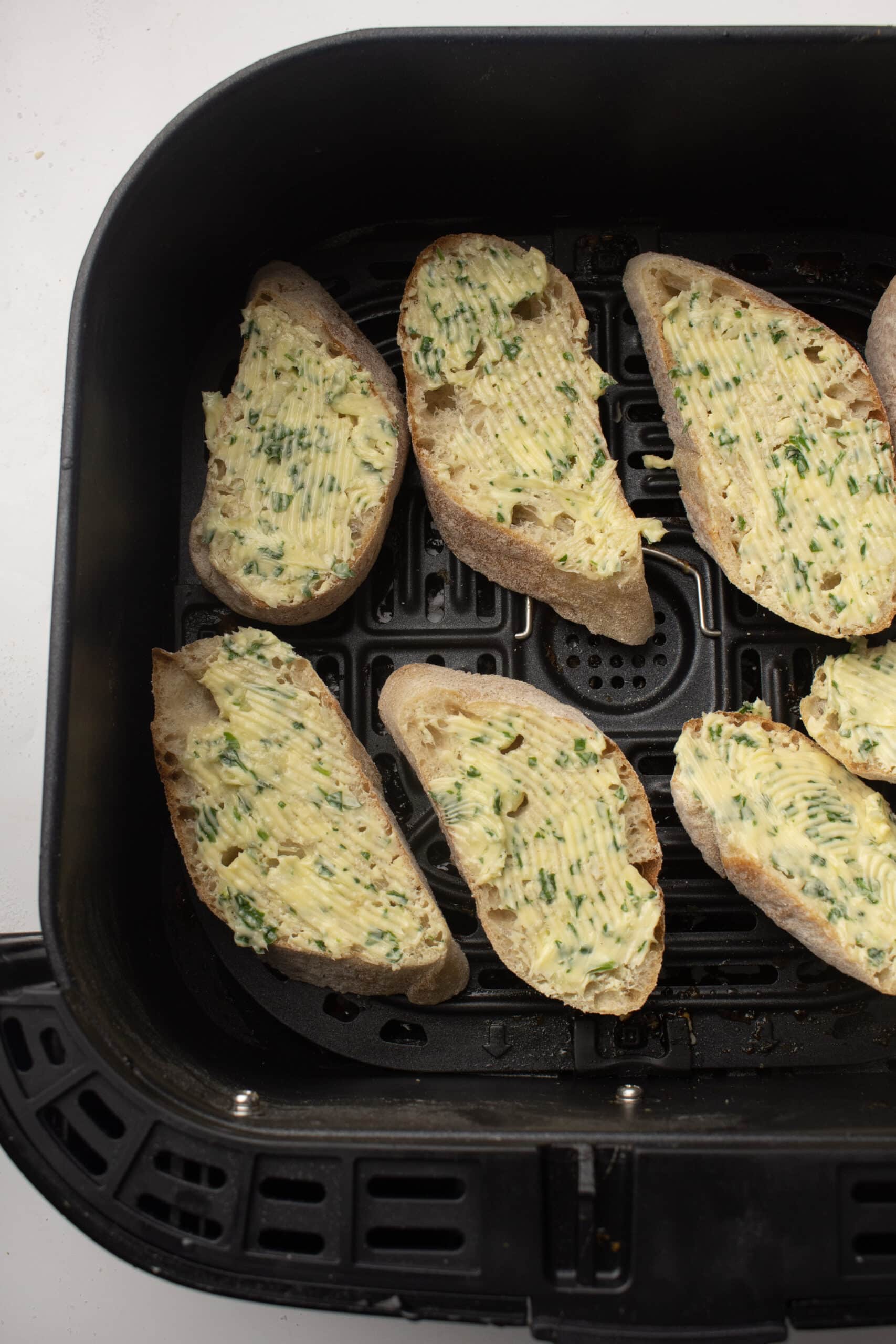 Air Fryer Garlic Bread about to be cooked 