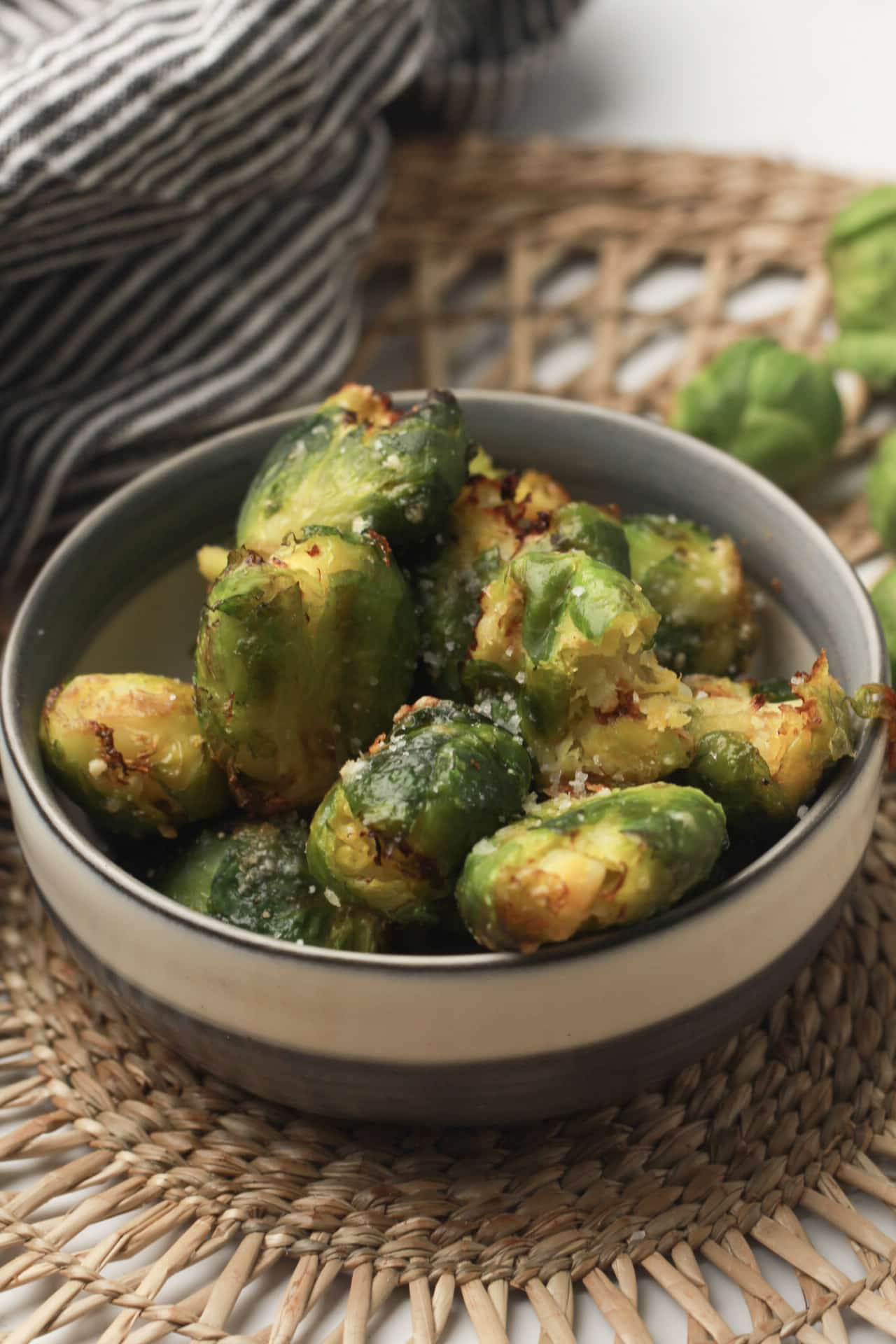 Air fryer smashed brussel sprouts in a bowl