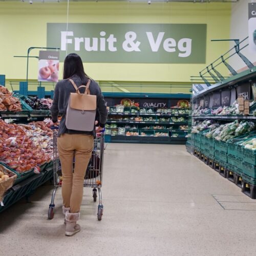 Fruit and veg is seen in an aisle of a Tesco supermarket